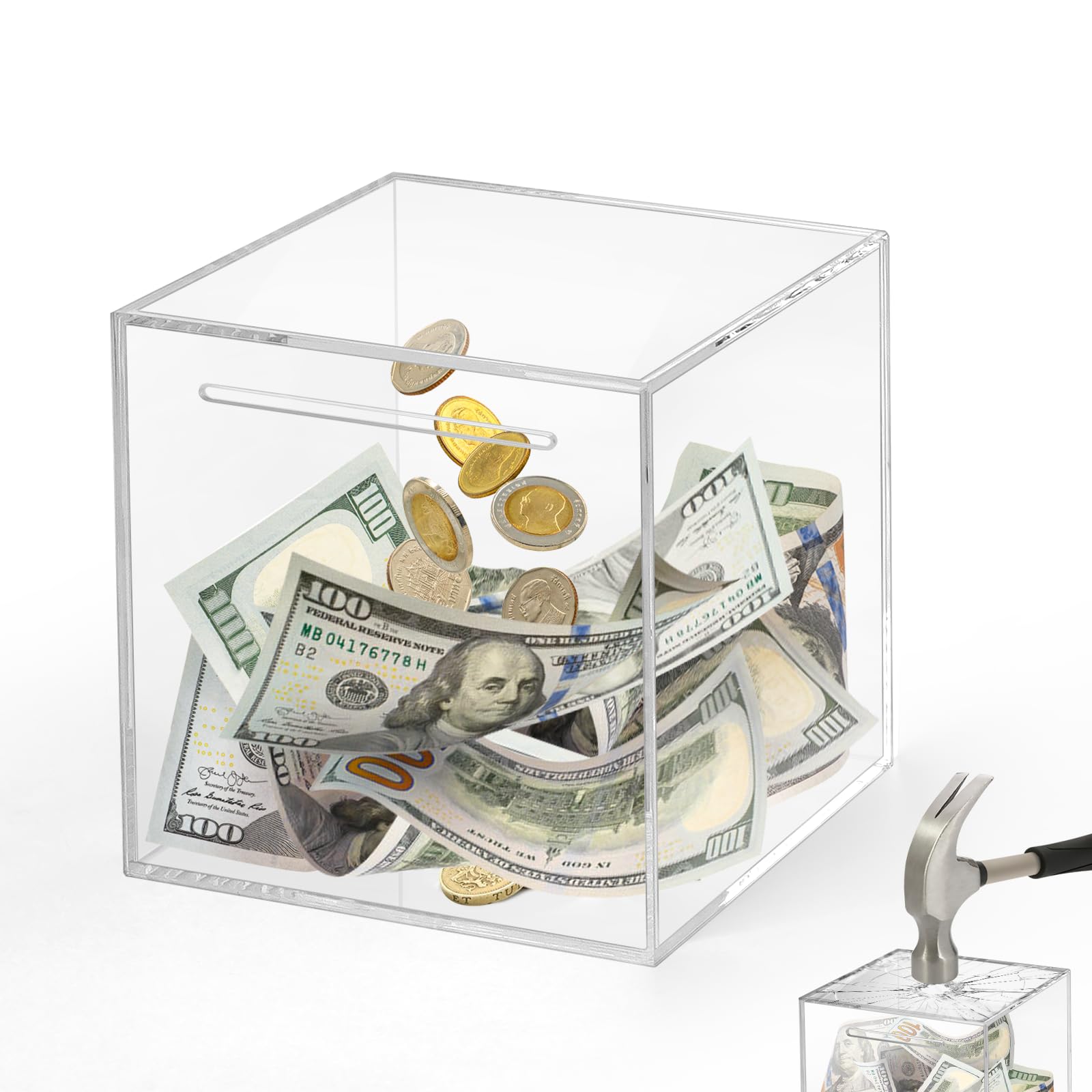 Imeepa Clear Acrylic Piggy Bank – Must-Break-to-Open Money Box for Cash and Coins (Small, 4.72 inches)