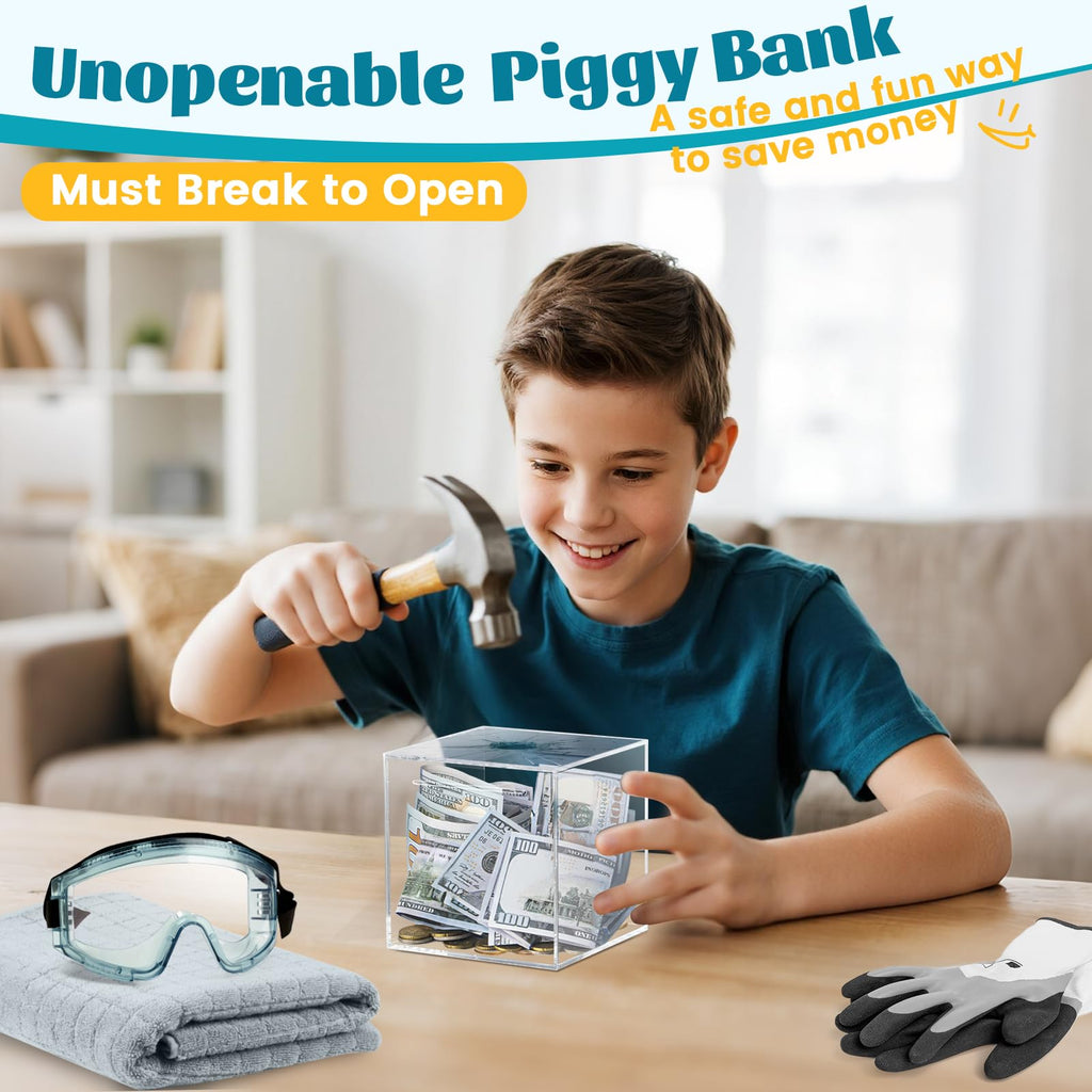 Imeepa Clear Acrylic Piggy Bank – Must-Break-to-Open Money Box for Cash and Coins (Small, 4.72 inches)