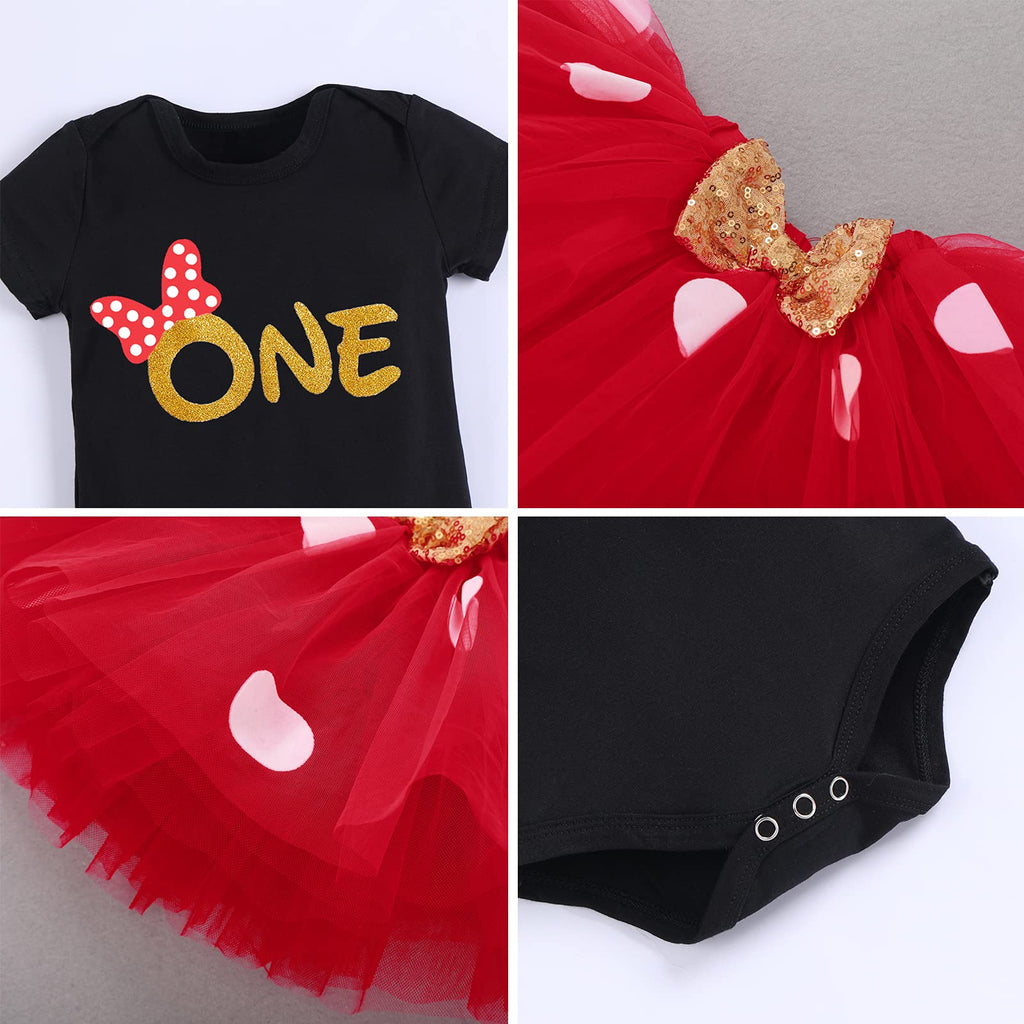 IMEKIS Baby Girls 1st Birthday Polka Dot Romper with Tutu Skirt and Mouse Ears Headband – Cake Smash Photo Shoot Costume