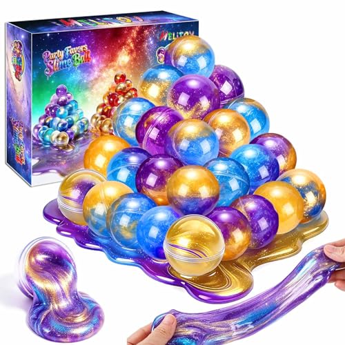 iMelitoy Galaxy Slime Balls 24-Pack: Non-Sticky, Stretchy, Mess-Free Starry Slime Party Favors for Kids and Adults