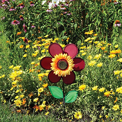 In the Breeze 12-Inch Burgundy Sunflower Wind Spinner with Fabric Petals and Fiberglass Frame