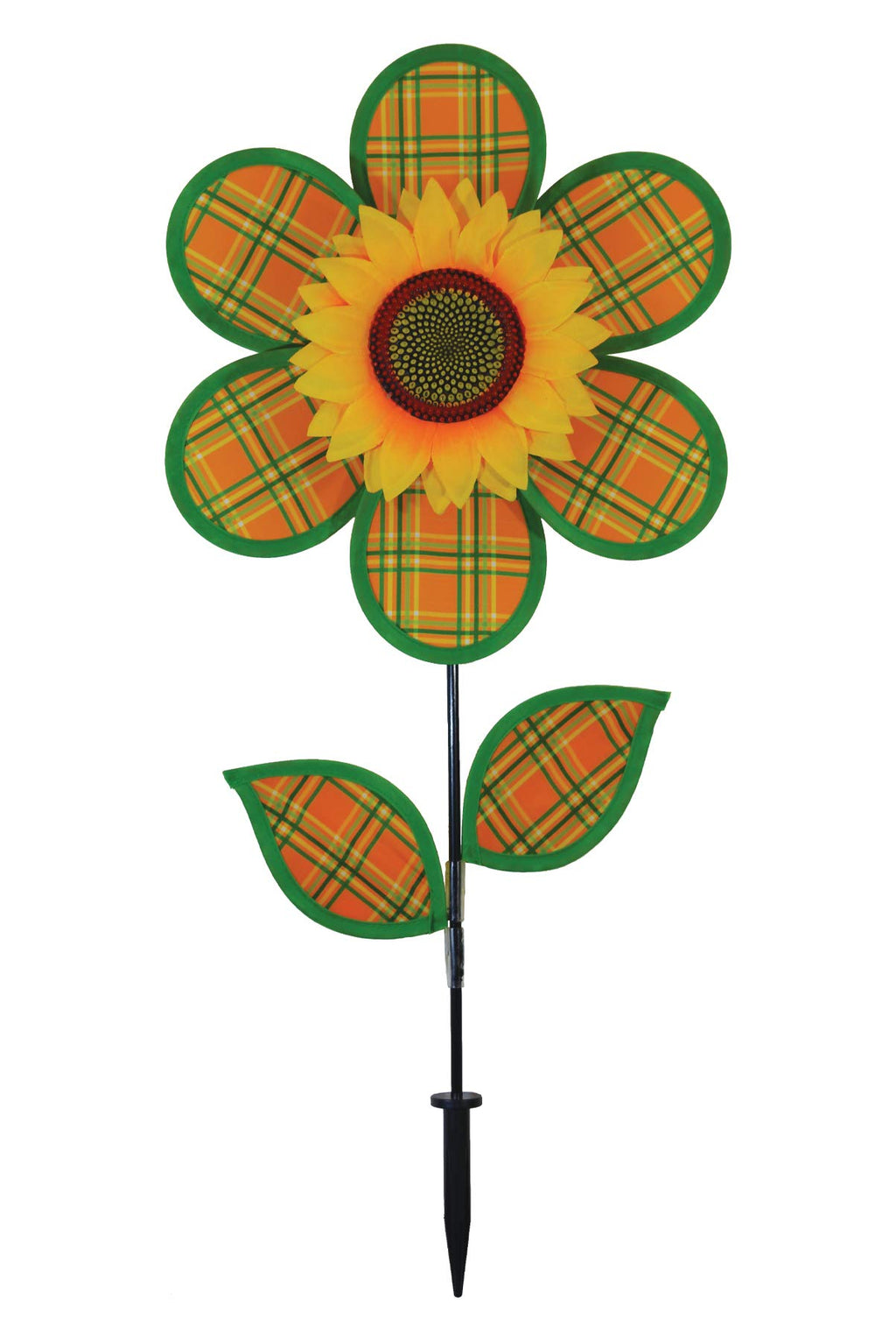In the Breeze 12-Inch Plaid Sunflower Wind Spinner – Weather-Resistant Fabric with Fiberglass Frame for Yard and Garden