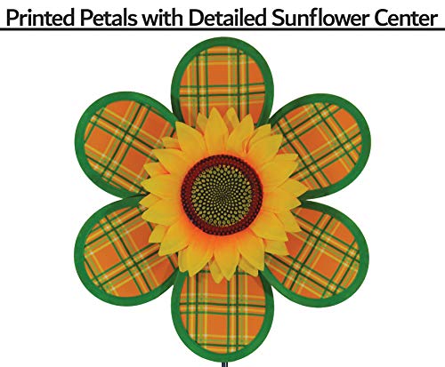 In the Breeze 12-Inch Plaid Sunflower Wind Spinner – Weather-Resistant Fabric with Fiberglass Frame for Yard and Garden