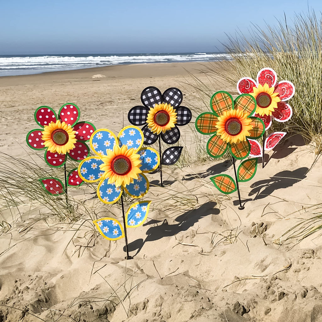 In the Breeze 12-Inch Plaid Sunflower Wind Spinner – Weather-Resistant Fabric with Fiberglass Frame for Yard and Garden