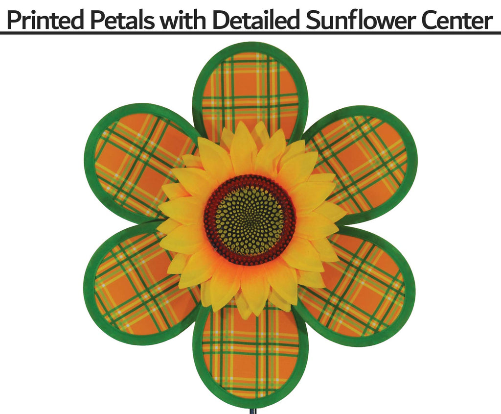 In the Breeze 12-Inch Plaid Sunflower Wind Spinner – Weather-Resistant Fabric with Fiberglass Frame for Yard and Garden