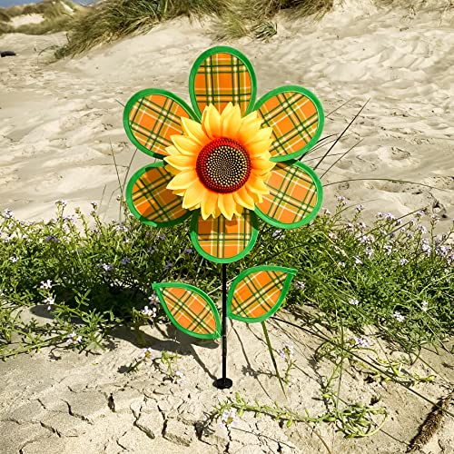 In the Breeze 12-Inch Plaid Sunflower Wind Spinner – Weather-Resistant Fabric with Fiberglass Frame for Yard and Garden