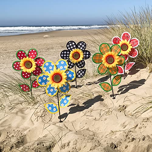 In the Breeze 12-Inch Plaid Sunflower Wind Spinner – Weather-Resistant Fabric with Fiberglass Frame for Yard and Garden