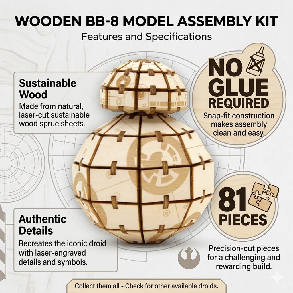 IncrediBuilds Star Wars BB-8 3D Wood Puzzle – 81-Piece Snap-Fit Model Kit (Ages 12+)