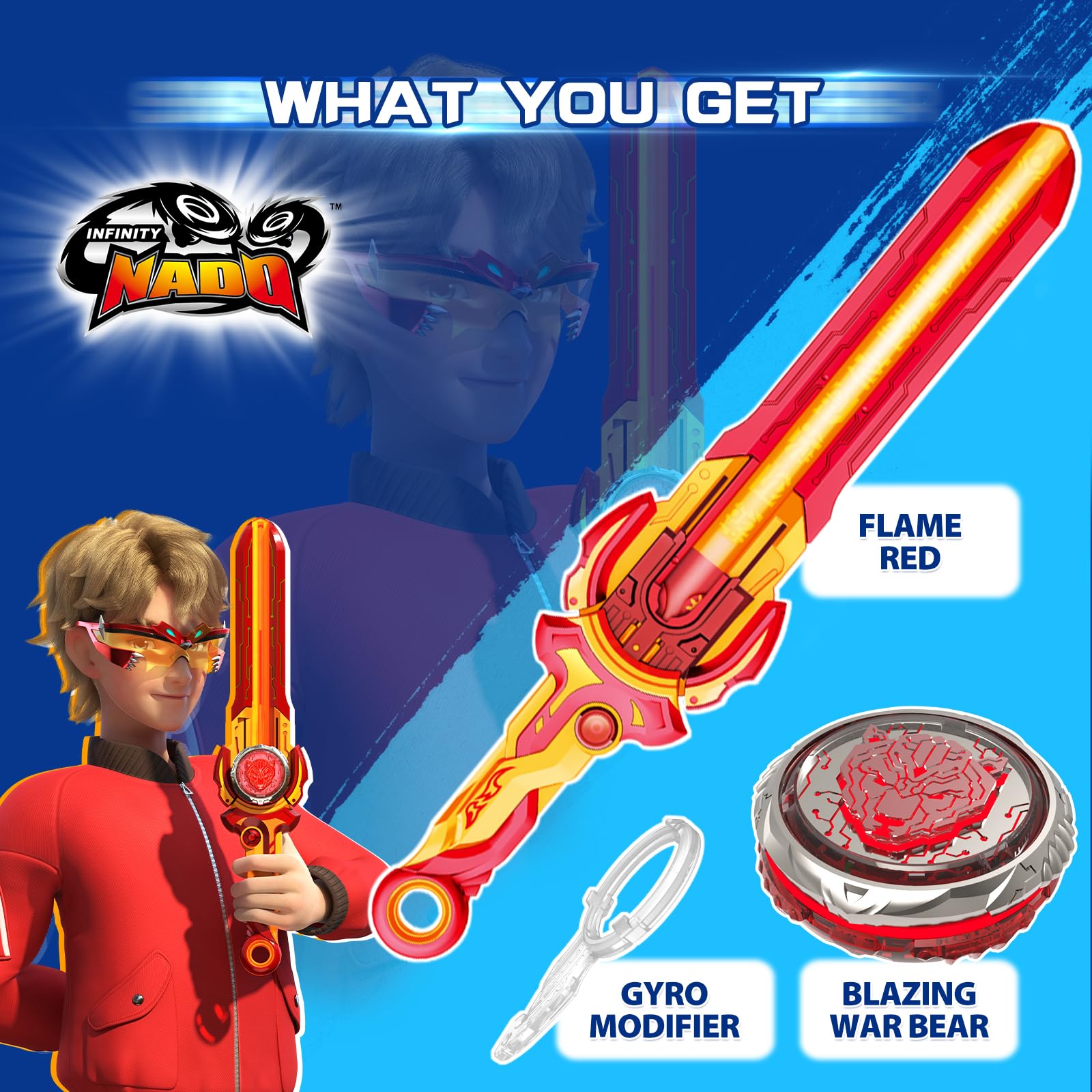 INFINITY NADO Battling Tops Toy with Sword Launcher - Blazing War Bear, Flame Red