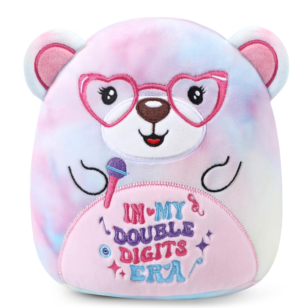 InIsaJace 8-Inch Double Digits Birthday Bear Plush with Glasses and Microphone – Cute Stuffed Animal for 10th Birthday Party Favors