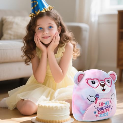 InIsaJace 8-Inch Double Digits Birthday Bear Plush with Glasses and Microphone – Cute Stuffed Animal for 10th Birthday Party Favors