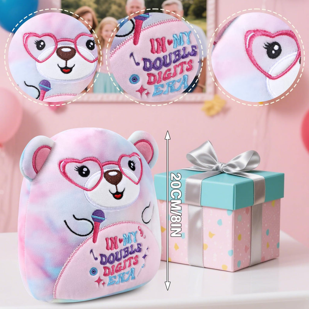 InIsaJace 8-Inch Double Digits Birthday Bear Plush with Glasses and Microphone – Cute Stuffed Animal for 10th Birthday Party Favors