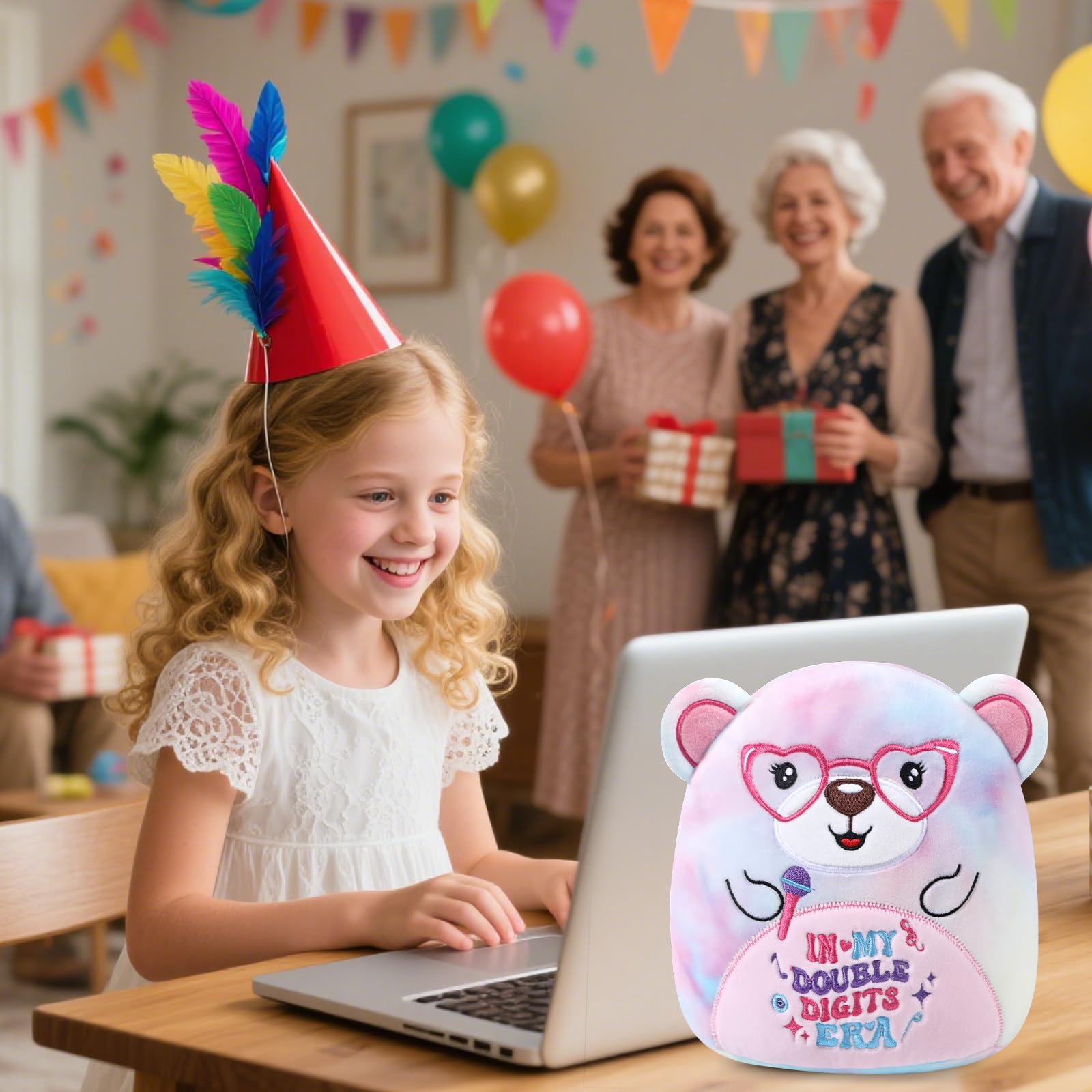 InIsaJace 8-Inch Double Digits Birthday Bear Plush with Glasses and Microphone – Cute Stuffed Animal for 10th Birthday Party Favors