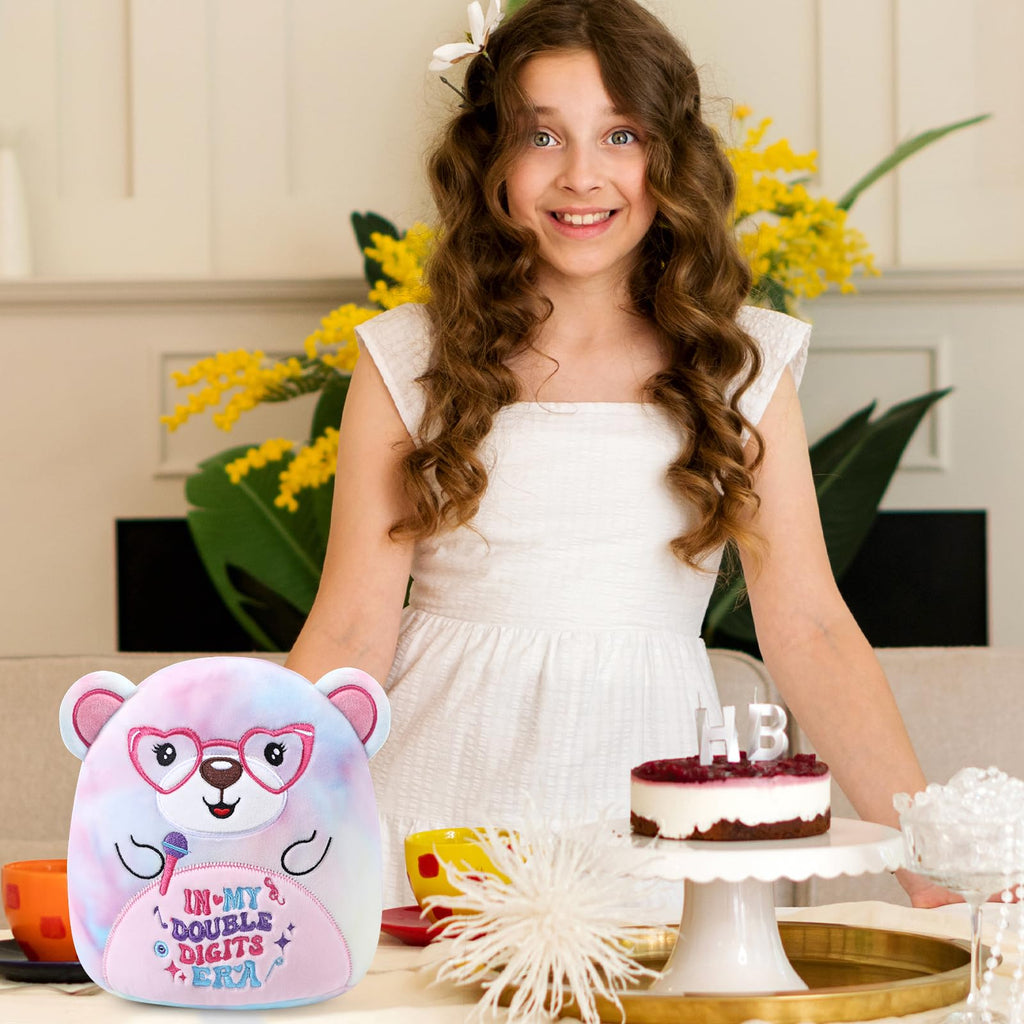 InIsaJace 8-Inch Double Digits Birthday Bear Plush with Glasses and Microphone – Cute Stuffed Animal for 10th Birthday Party Favors