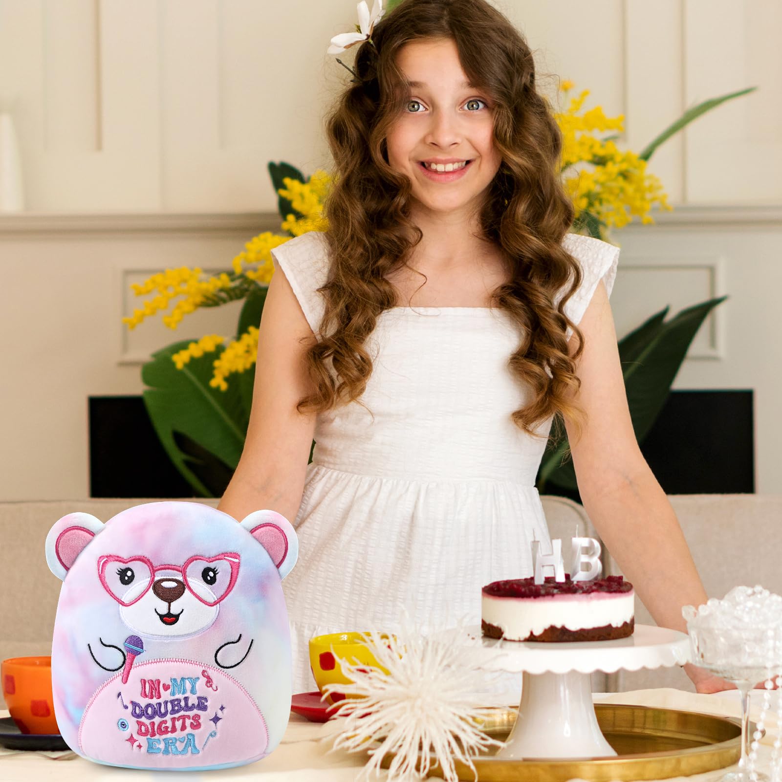InIsaJace 8-Inch Double Digits Birthday Bear Plush with Glasses and Microphone – Cute Stuffed Animal for 10th Birthday Party Favors