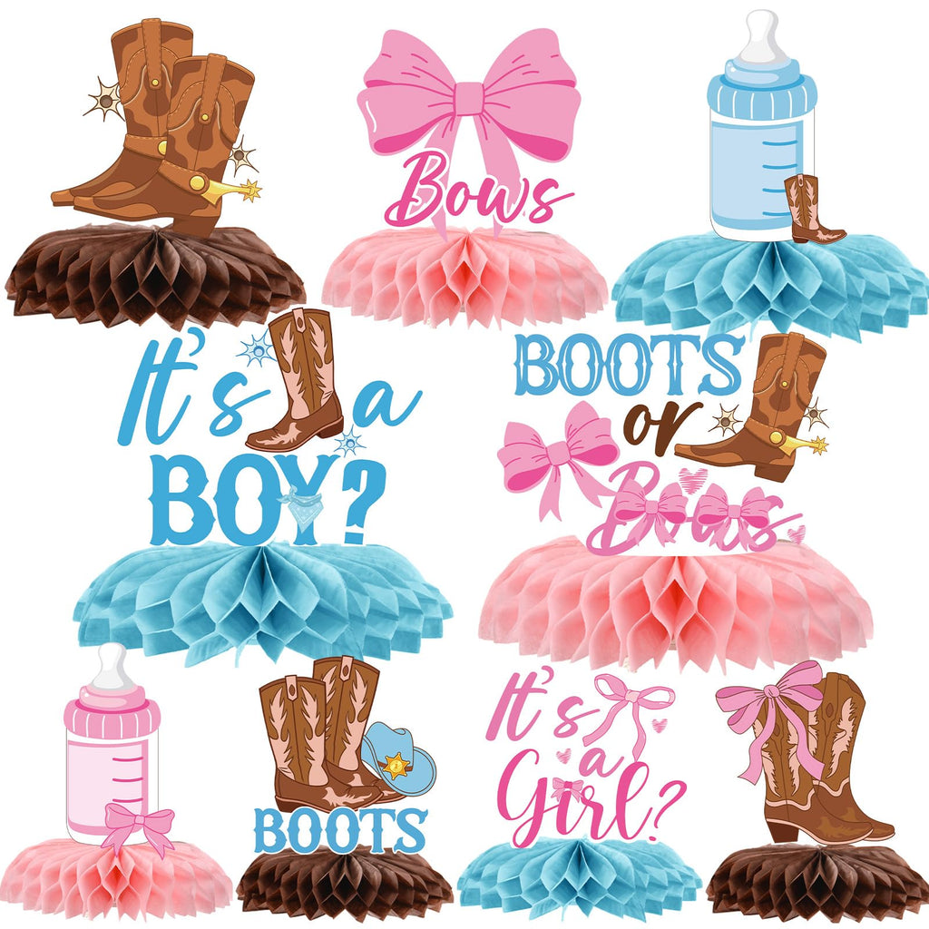 InIsaJace 9-Piece Boots Bows Honeycomb Centerpieces - Western Gender Reveal Decorations