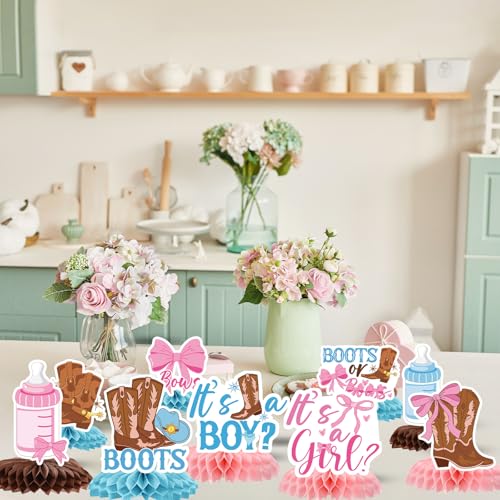 InIsaJace 9-Piece Boots Bows Honeycomb Centerpieces - Western Gender Reveal Decorations