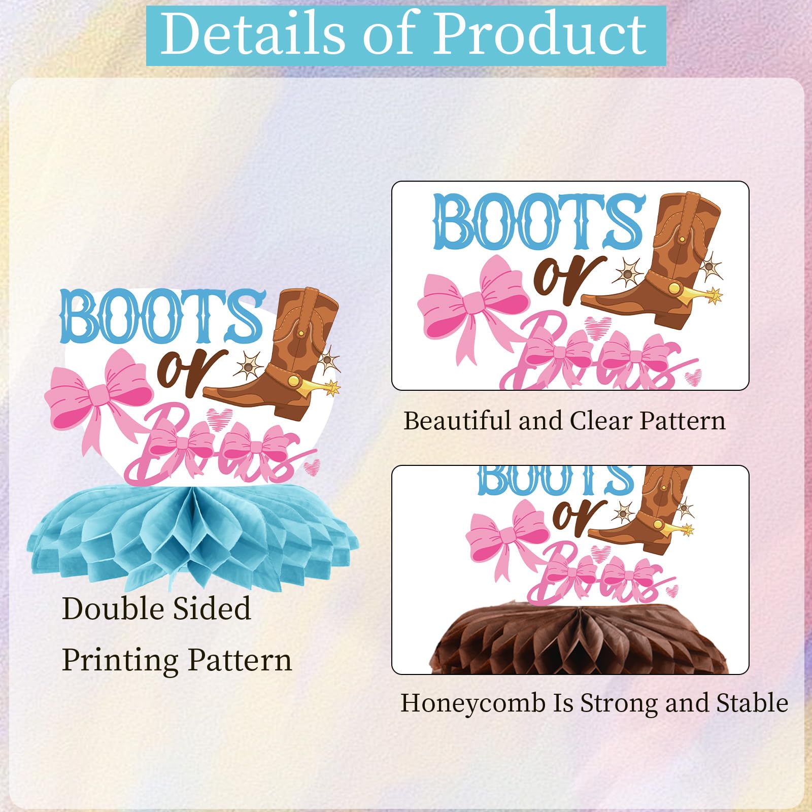 InIsaJace 9-Piece Boots Bows Honeycomb Centerpieces - Western Gender Reveal Decorations
