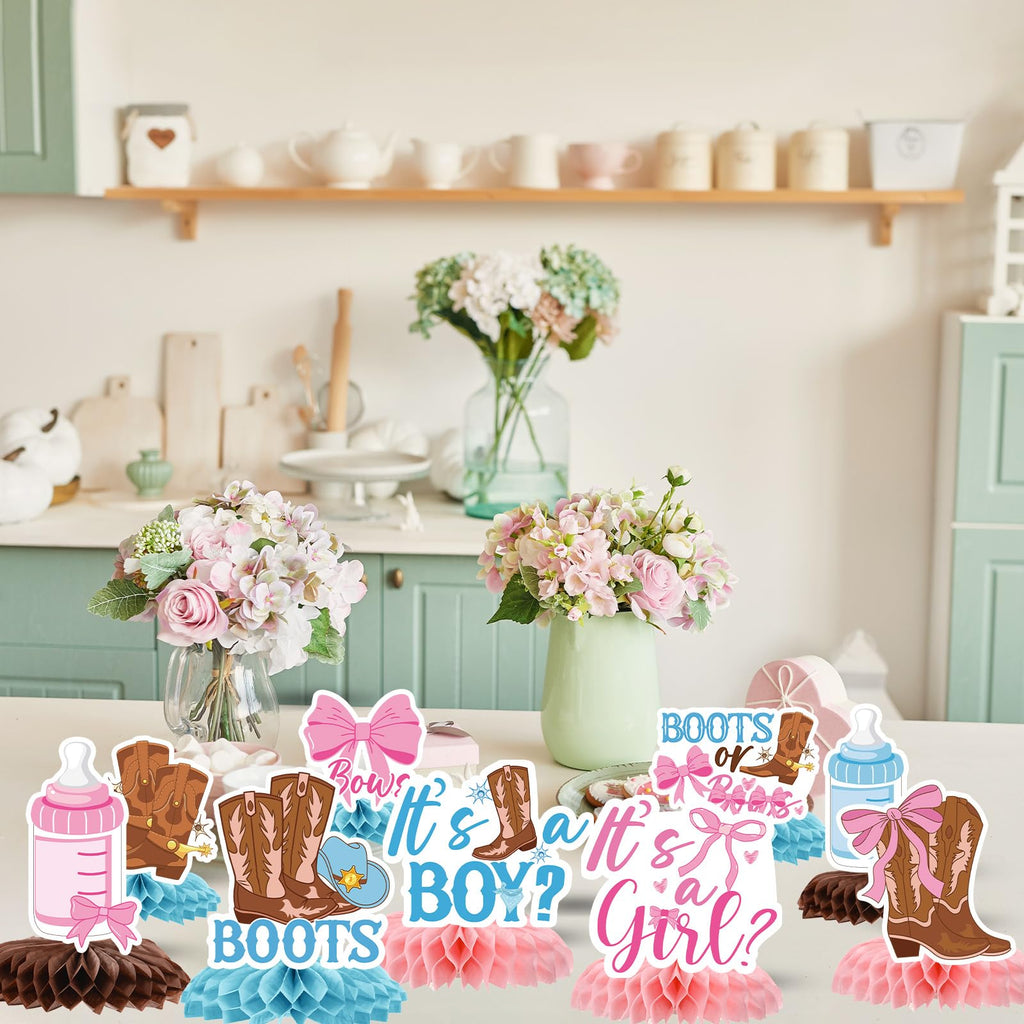InIsaJace 9-Piece Boots Bows Honeycomb Centerpieces - Western Gender Reveal Decorations