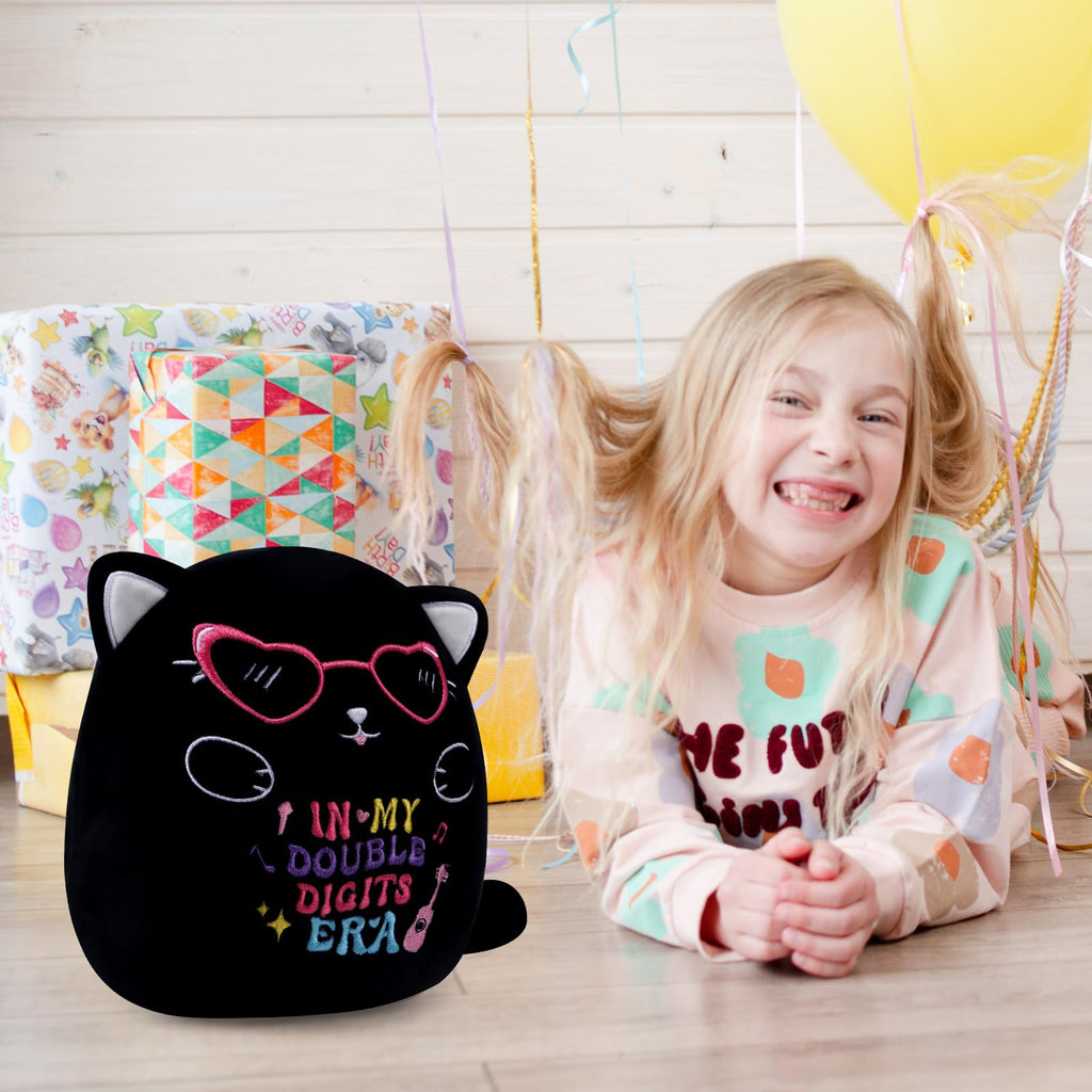InIsaJace Black Cat 10th Birthday Stuffed Animal – 8 Inch Double Digits Plush with Heart Glasses