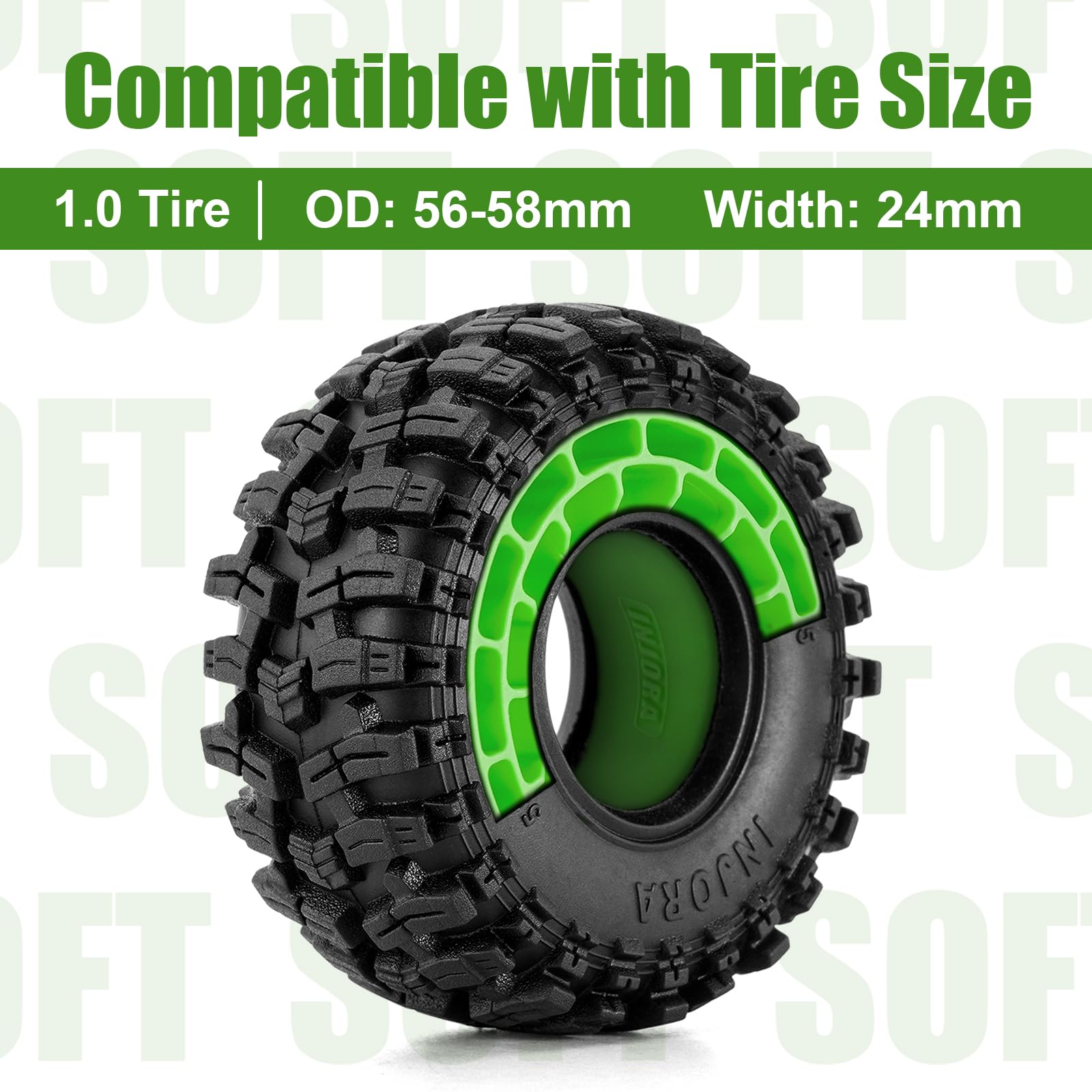 INJORA 4pcs Silicone Rubber Tire Inserts for 56-58mm x 22-24mm 1.0" RC Tires - Green