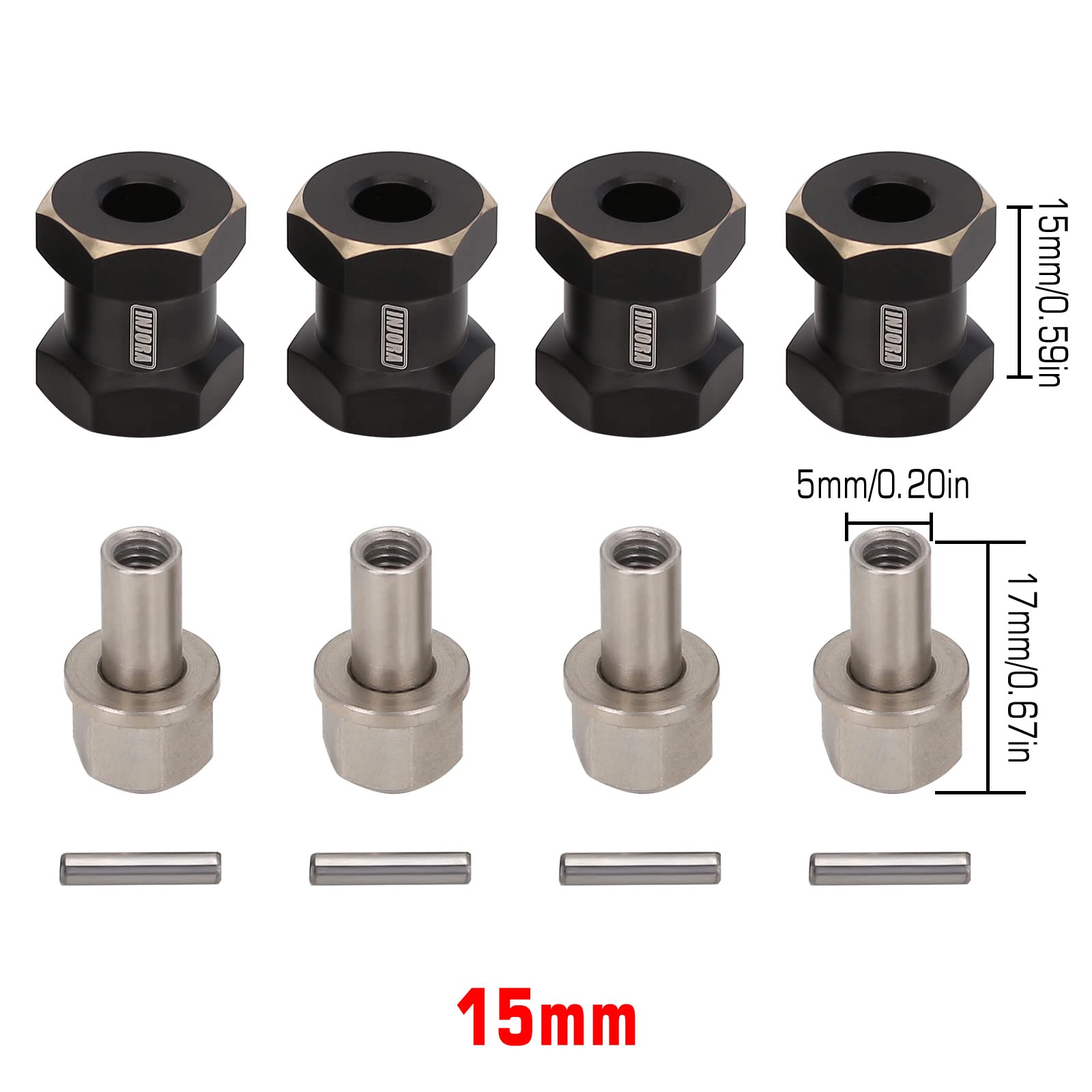 INJORA Brass Hex Hub 15mm for 1/10 RC Crawler – 12mm Hex Drive Adapter (Set of 4)