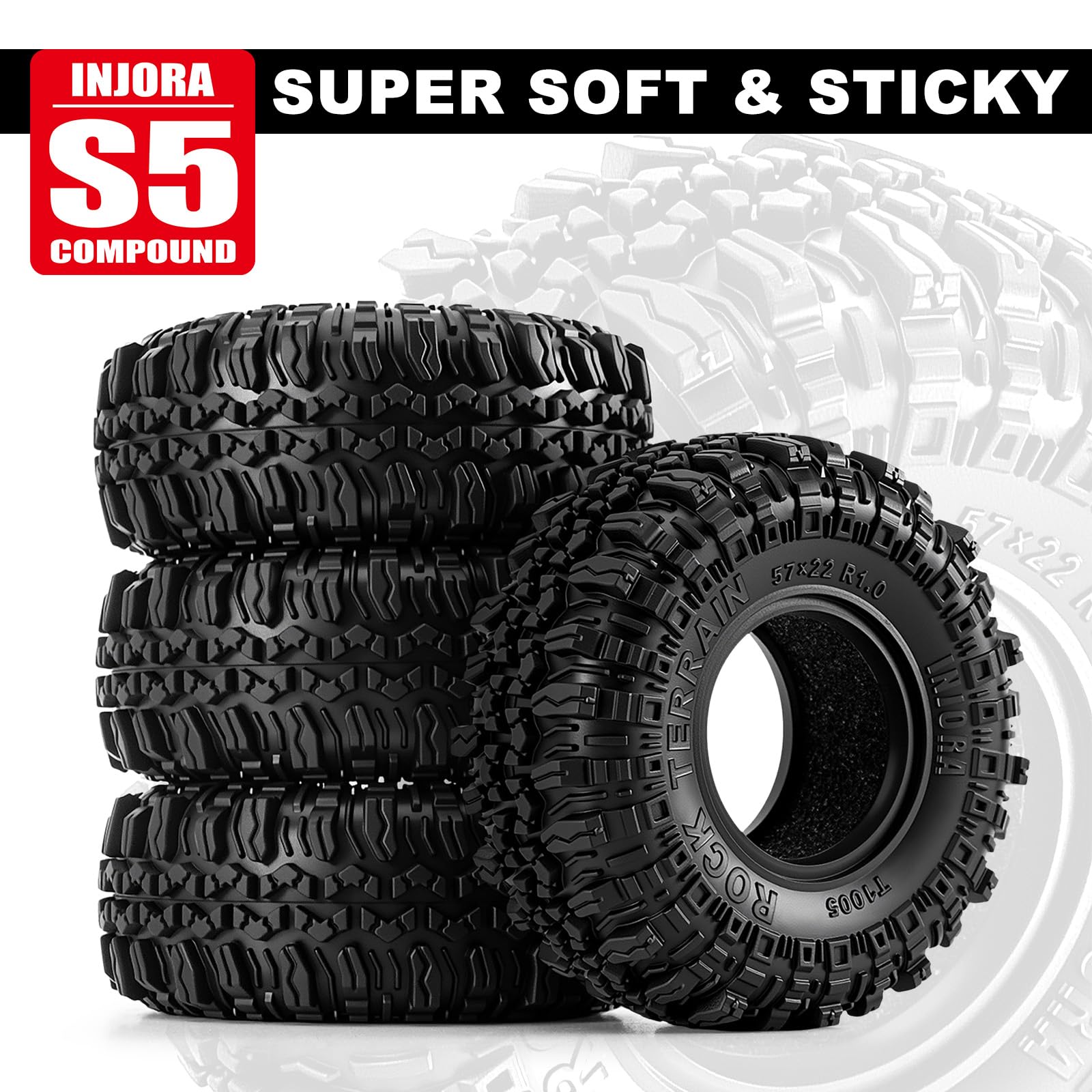 INJORA G2 Rock Terrain Tires 57x22mm (1.0 inch) for 1/24 & 1/18 RC Crawlers – T1005