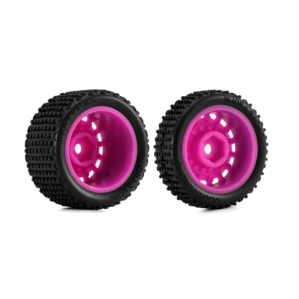 INJORA Pre-Mounted Pin Buggy Tires & Wheels for 1/24 Losi Micro-B – 4-Piece Set in Magenta