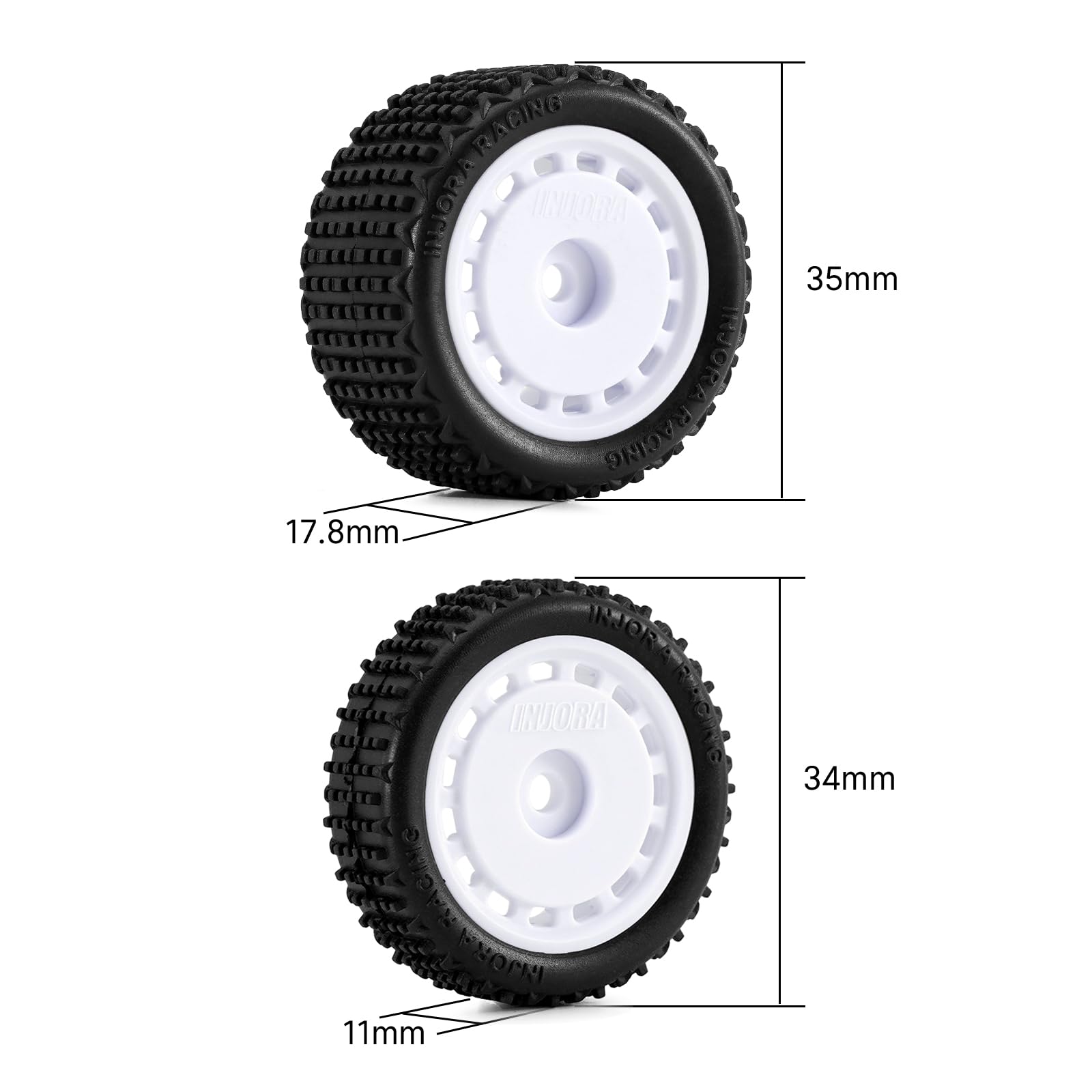 INJORA Pre-Mounted Pin Buggy Tires & Wheels for 1/24 Losi Micro-B (White, 4-Pack)