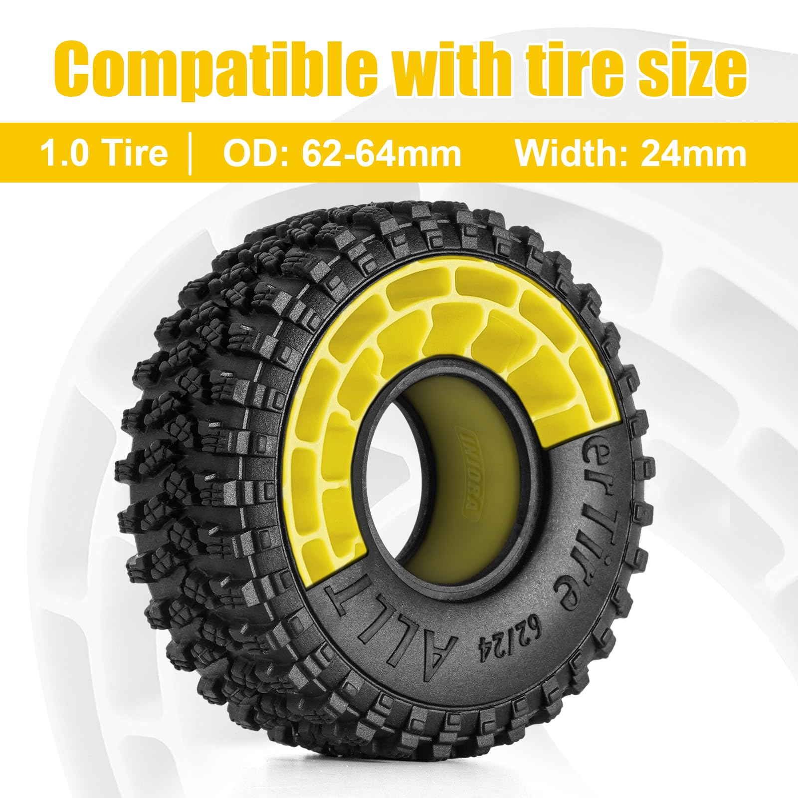 INJORA Silicone Rubber Tire Inserts for 62-64mm x 22-24mm 1.0" Crawler Tires (Yellow)