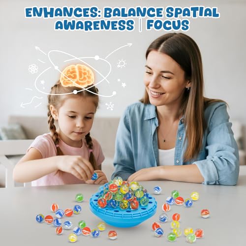 INKZOO Marble Balance Game – Wobble Stacking Game for 1-4 Players with 50 Glass Marbles, Built-In Storage