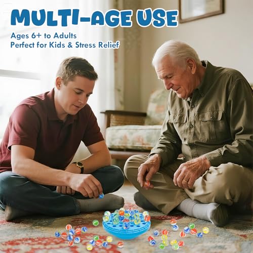 INKZOO Marble Balance Game – Wobble Stacking Game for 1-4 Players with 50 Glass Marbles, Built-In Storage