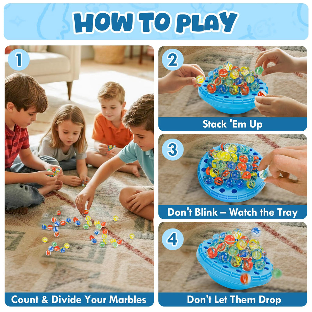 INKZOO Marble Balance Game – Wobble Stacking Game for 1-4 Players with 50 Glass Marbles, Built-In Storage