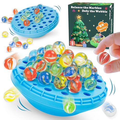 INKZOO Marble Balance Game – Wobble Stacking Game for 1-4 Players with 50 Glass Marbles, Built-In Storage