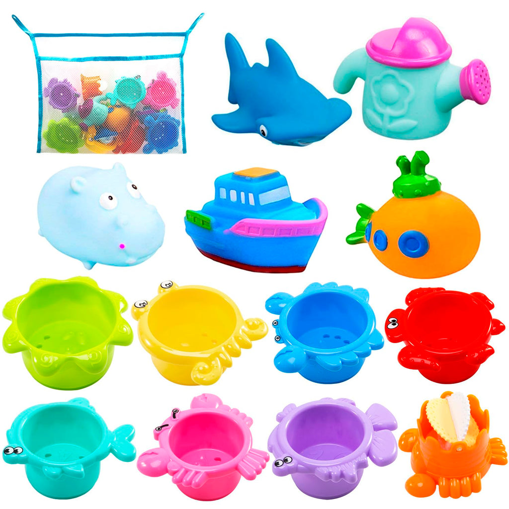 INNOCHEER 13-Piece Baby Bath Toys Set with Stacking Cups, Mesh Storage, and Sea Animal Figures
