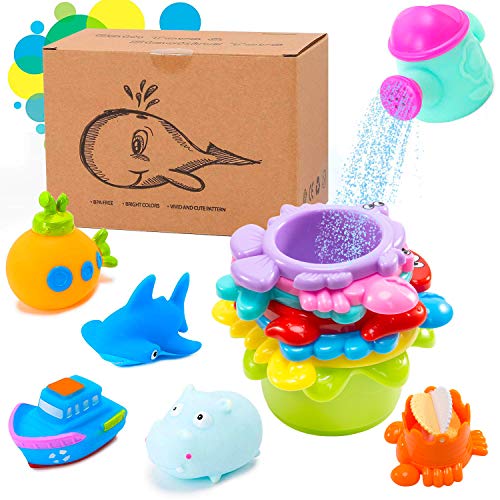 INNOCHEER 13-Piece Baby Bath Toys Set with Stacking Cups, Mesh Storage, and Sea Animal Figures