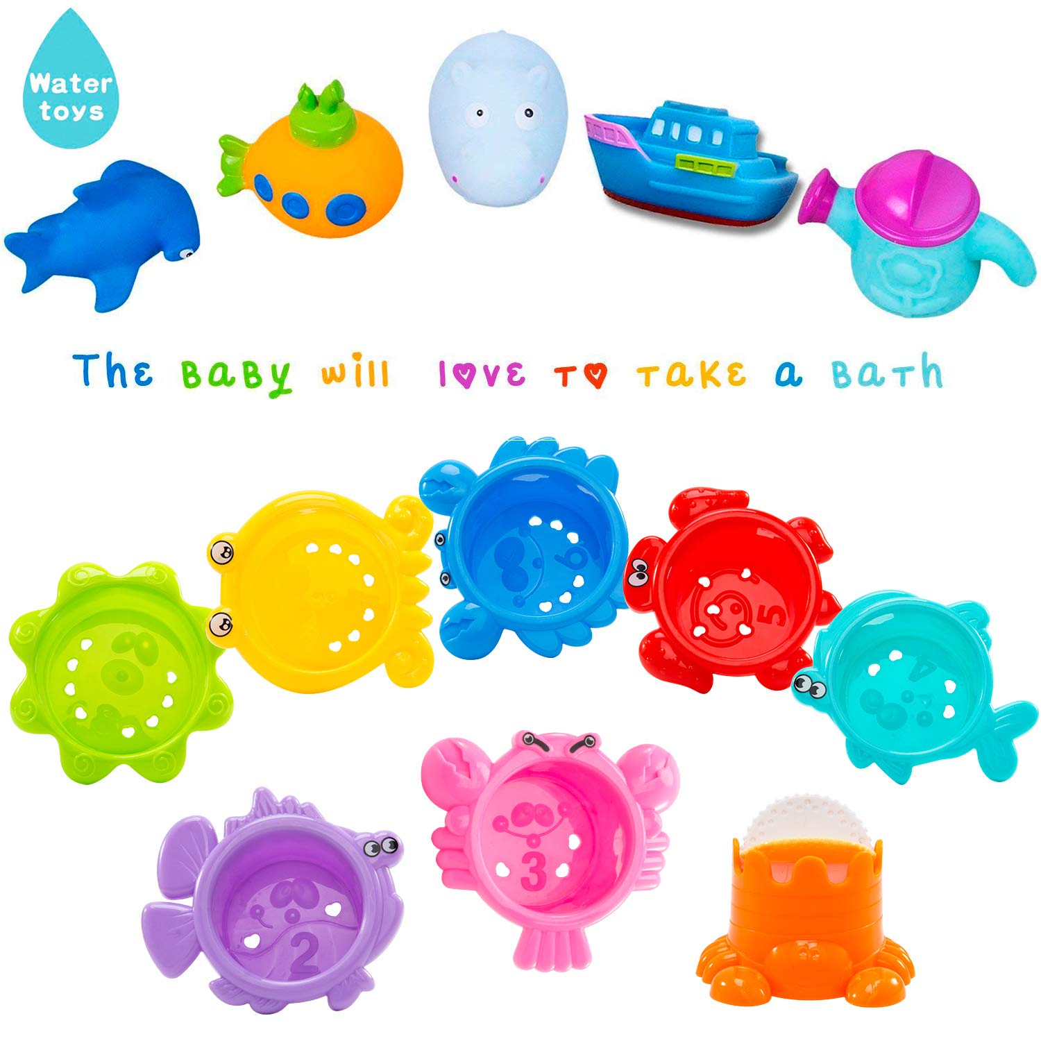 INNOCHEER 13-Piece Baby Bath Toys Set with Stacking Cups, Mesh Storage, and Sea Animal Figures