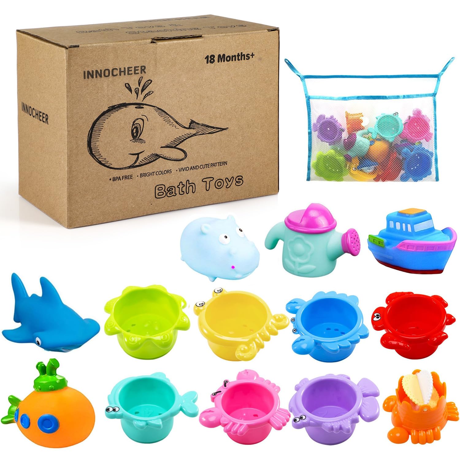 INNOCHEER 13-Piece Baby Bath Toys Set with Stacking Cups, Mesh Storage, and Sea Animal Figures
