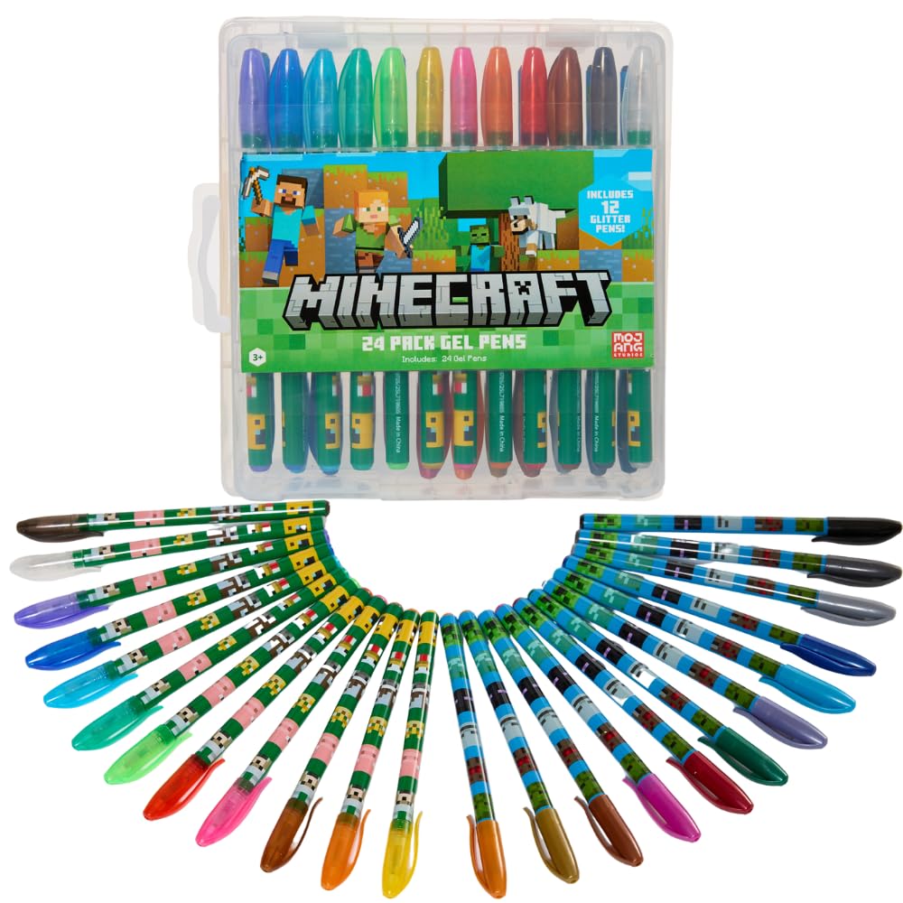 Innovative Designs 24-Pack Minecraft Gel Pens with Glitter – Cute Writing Set for Kids