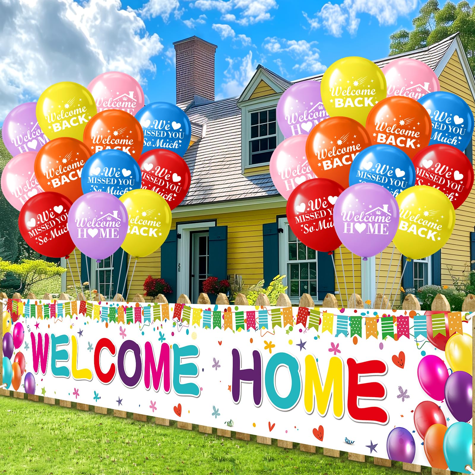 Innovoscape Welcome Home Decor - 118x20 inch Rainbow Banner & 24 Latex Balloons for Military Homecoming, Housewarming