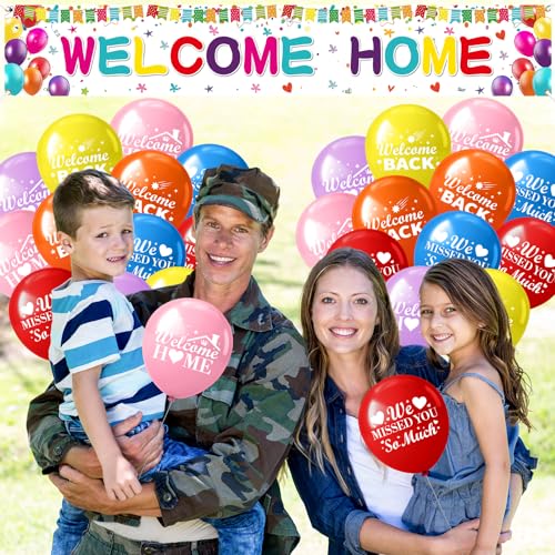 Innovoscape Welcome Home Decor - 118x20 inch Rainbow Banner & 24 Latex Balloons for Military Homecoming, Housewarming