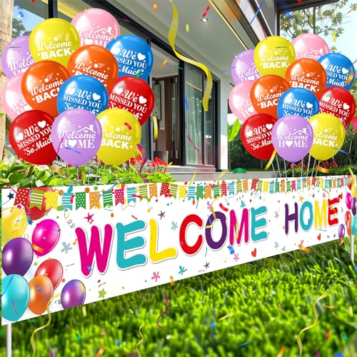 Innovoscape Welcome Home Decor - 118x20 inch Rainbow Banner & 24 Latex Balloons for Military Homecoming, Housewarming
