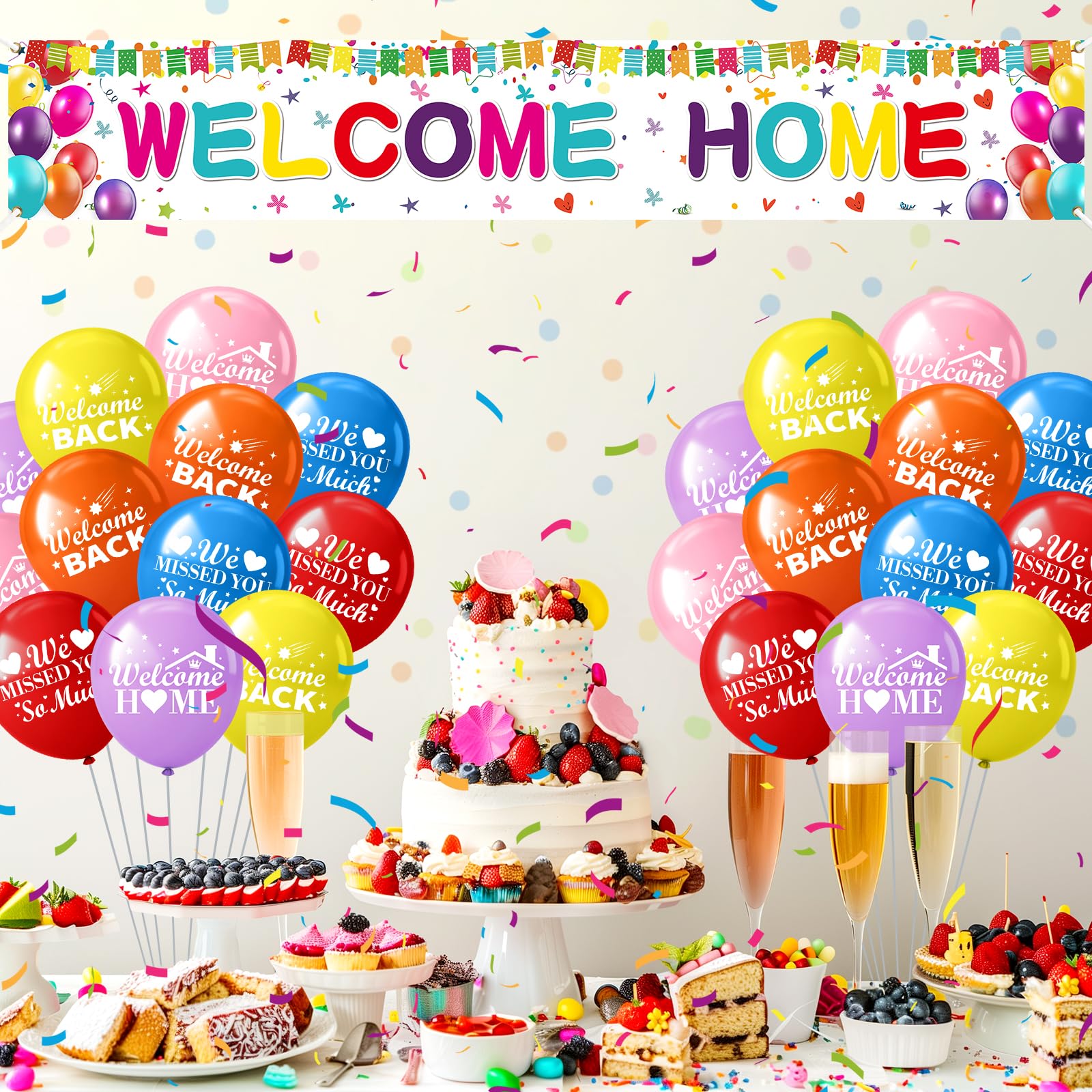 Innovoscape Welcome Home Decor - 118x20 inch Rainbow Banner & 24 Latex Balloons for Military Homecoming, Housewarming