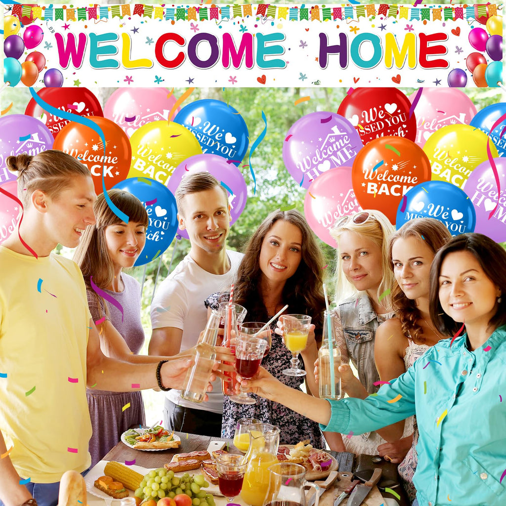 Innovoscape Welcome Home Decor - 118x20 inch Rainbow Banner & 24 Latex Balloons for Military Homecoming, Housewarming