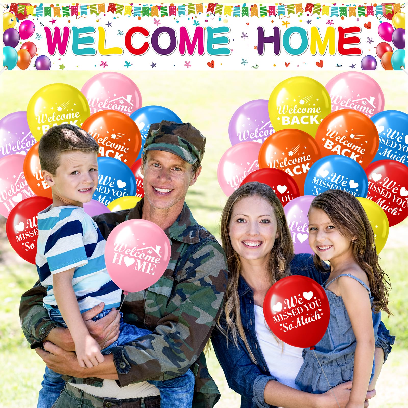 Innovoscape Welcome Home Decor - 118x20 inch Rainbow Banner & 24 Latex Balloons for Military Homecoming, Housewarming
