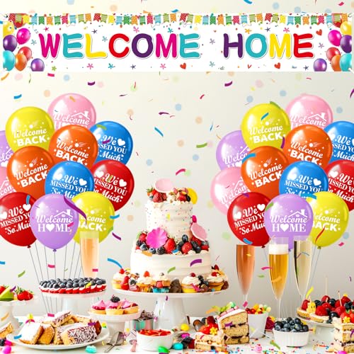 Innovoscape Welcome Home Decor - 118x20 inch Rainbow Banner & 24 Latex Balloons for Military Homecoming, Housewarming