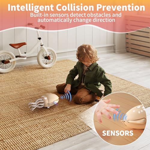 Interactive Dancing Octopus Toy – LED Lights, Music, Smart Obstacle Avoidance, USB Rechargeable, for Babies 6-12 Months (Off-White)