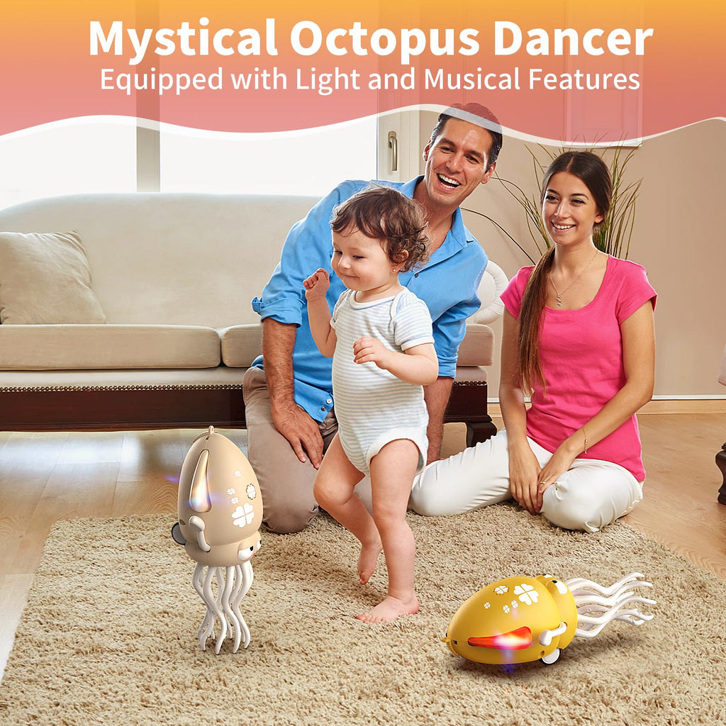 Interactive Dancing Octopus Toy – LED Lights, Music, Smart Obstacle Avoidance, USB Rechargeable, for Babies 6-12 Months (Off-White)