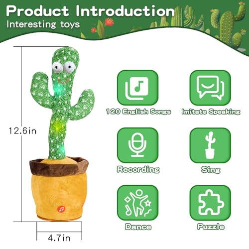 Interactive Talking Cactus Toy with 120 Songs, Recording & LED Lights - Plush Dancing Toy for Toddlers, Boys, Girls