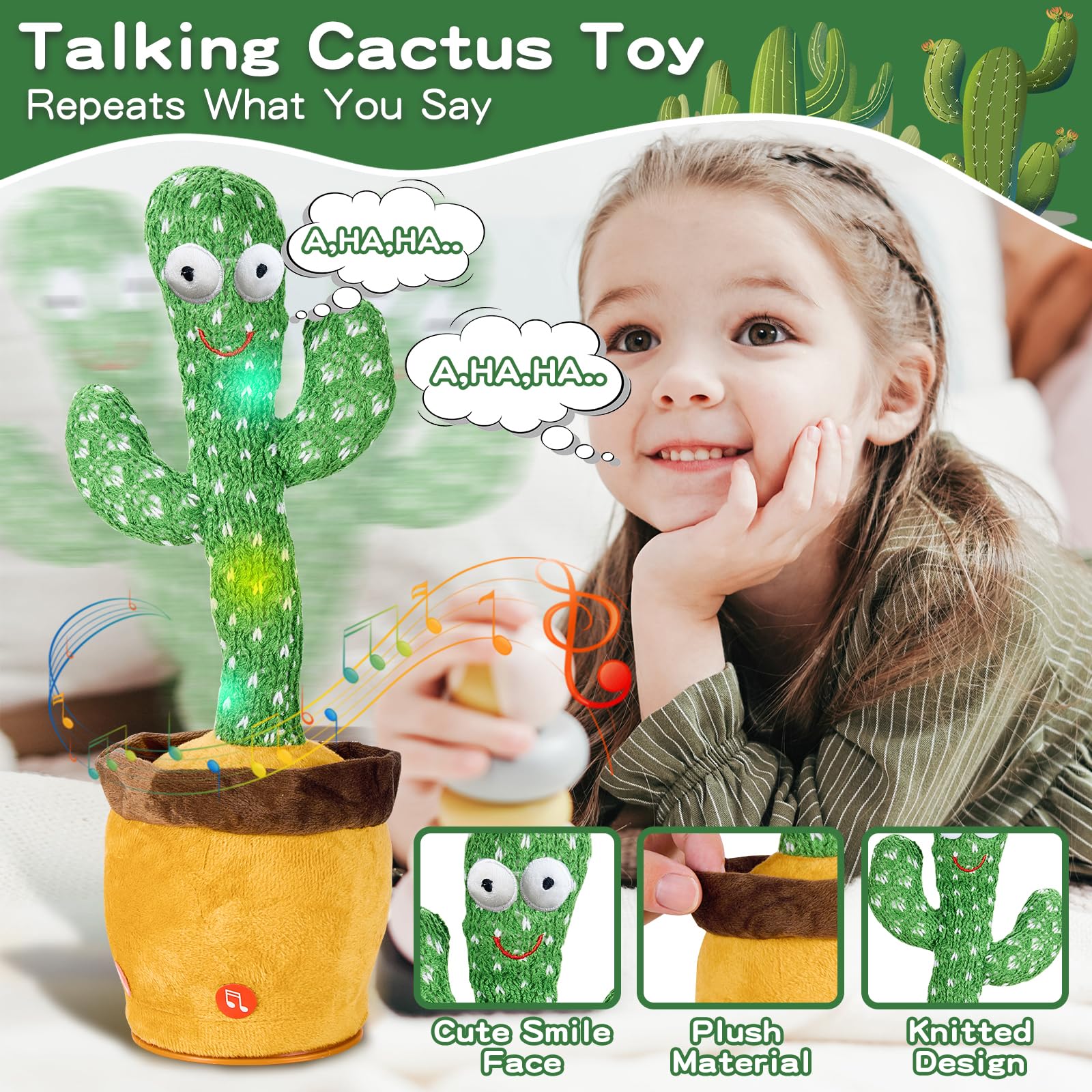 Interactive Talking Cactus Toy with 120 Songs, Recording & LED Lights - Plush Dancing Toy for Toddlers, Boys, Girls